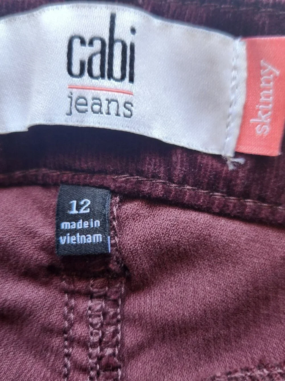 Cabi Women’s Size 12 Burgundy Carol Anderson Corduroy Skinny Five Pocket Pants